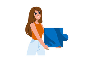 Young woman holding big blue jigsaw, a Person Illustration by pikepicture