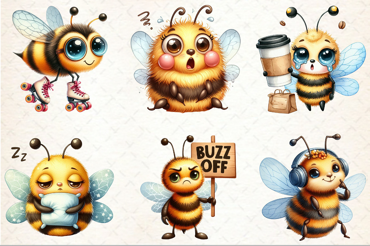 Funny Watercolor Quirky Bees Clipart, an Illustration by Rose Art (Photo 2 of 7)
