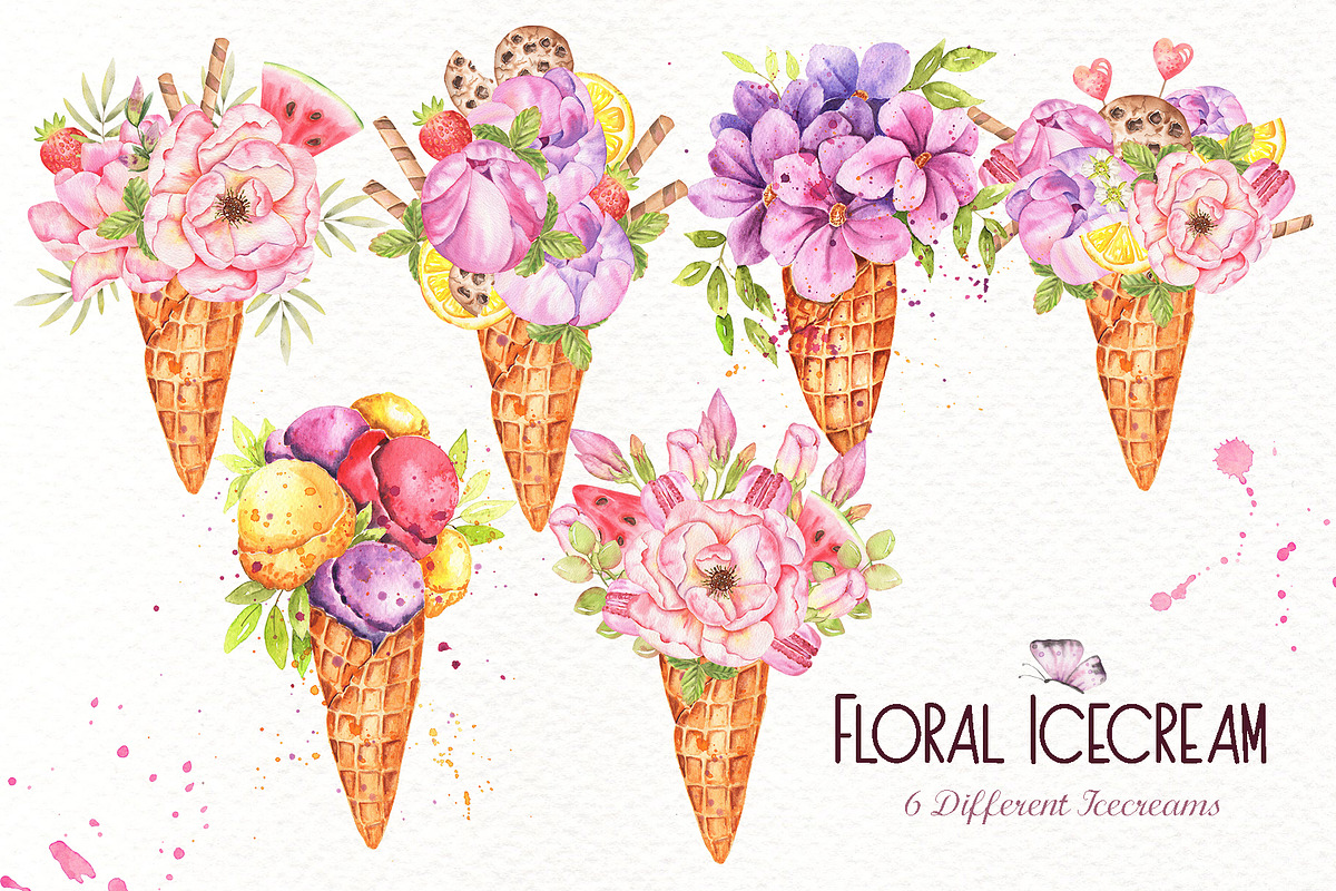 Floral Icecream Watercolor Set, an Illustration by TanataDesign (Photo 6 of 13)