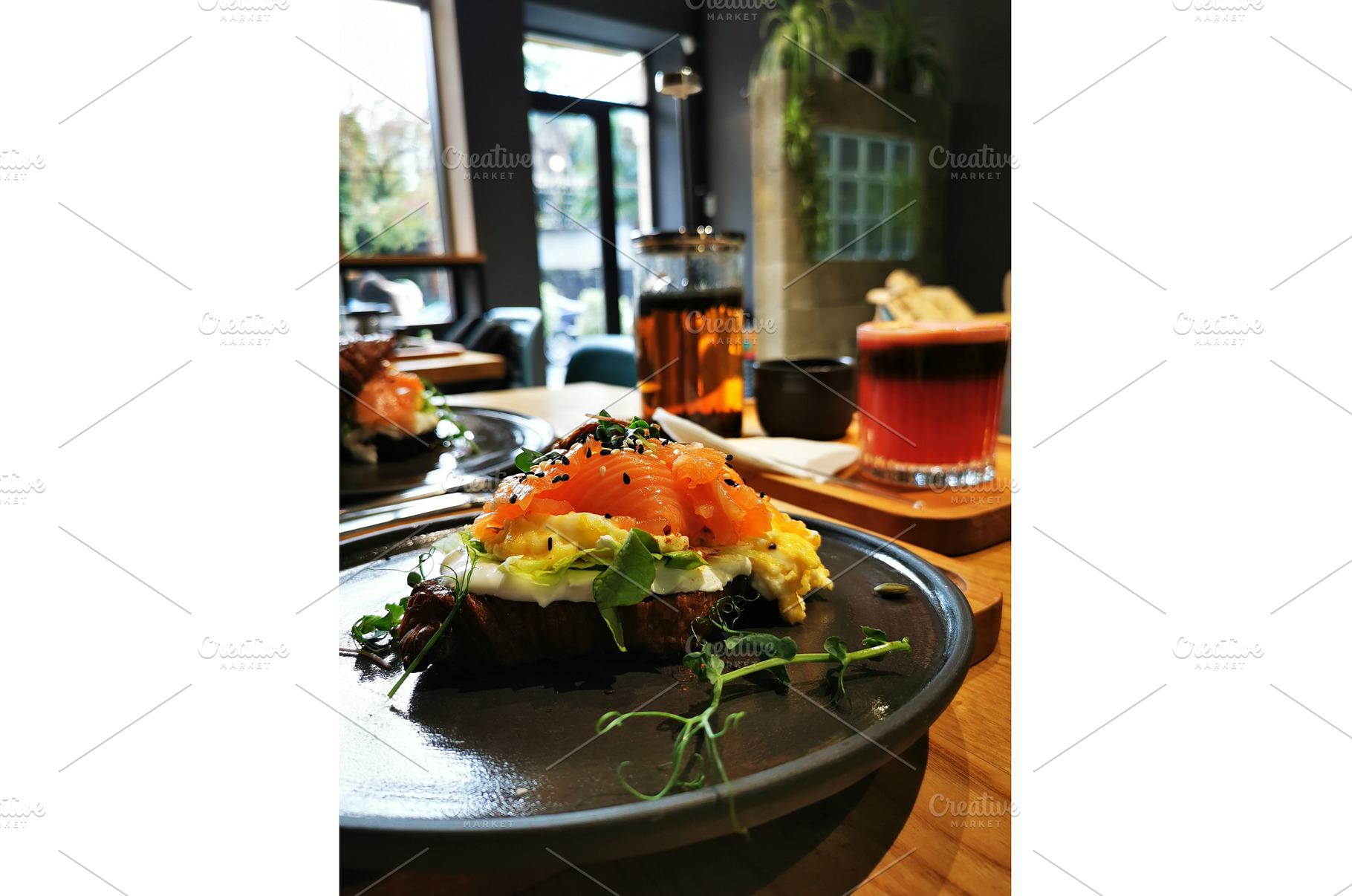 Croissant with salmon, egg, a Food & Drink Photo by sceptical cactus