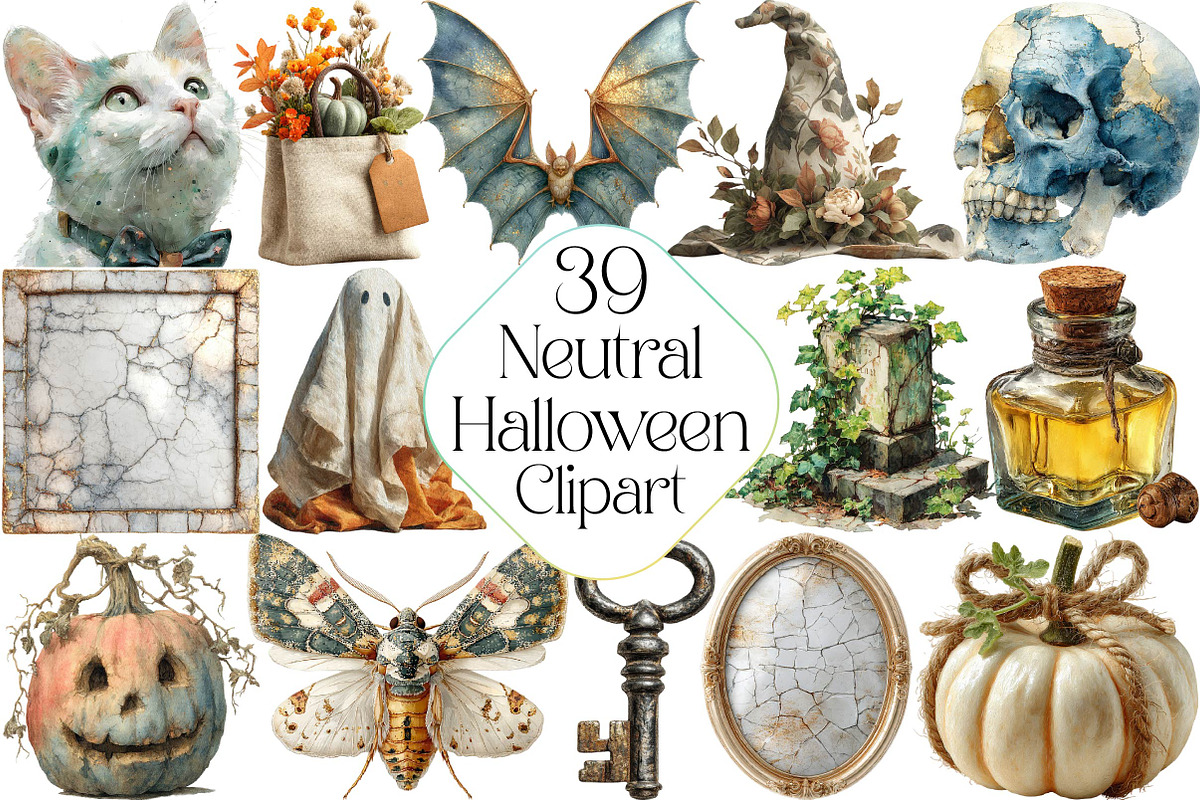 Watercolor Neutral Halloween Clipart, an Illustration by DreamPrint404 (Photo 1 of 5)