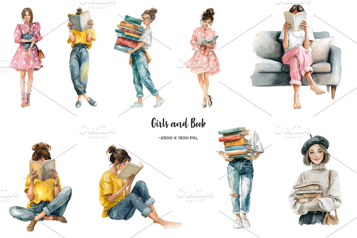 Watercolor book lover clipart, an Education Illustration by Art and Funny (Photo 5 of 12)