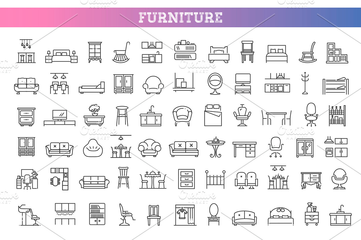 Set of outline furniture icons, an Object Illustration by Tettygreen (Photo 1 of 3)