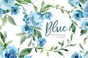 Blue Watercolor Flowers Green Leaves, an Illustration by GraphicsDish (Thumbnail 1 of 5)