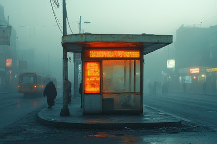 Misty evening at a bus stop illumina, a Photo by Tanuart
