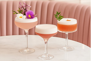 Three foamy cocktails in glasses, a Food & Drink Photo by Lermont51