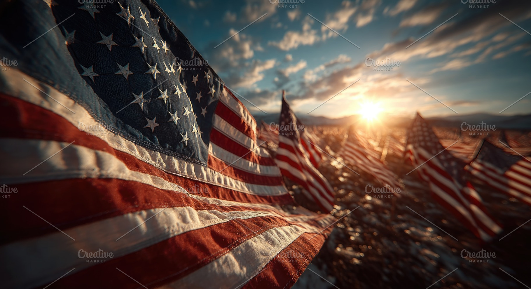 American flags at sunset in patriotic memorial background, a Background Photo by José Manuel Gelpi