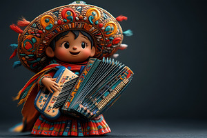 Colorful Mexican doll playing accord, a Photo by Tanuart