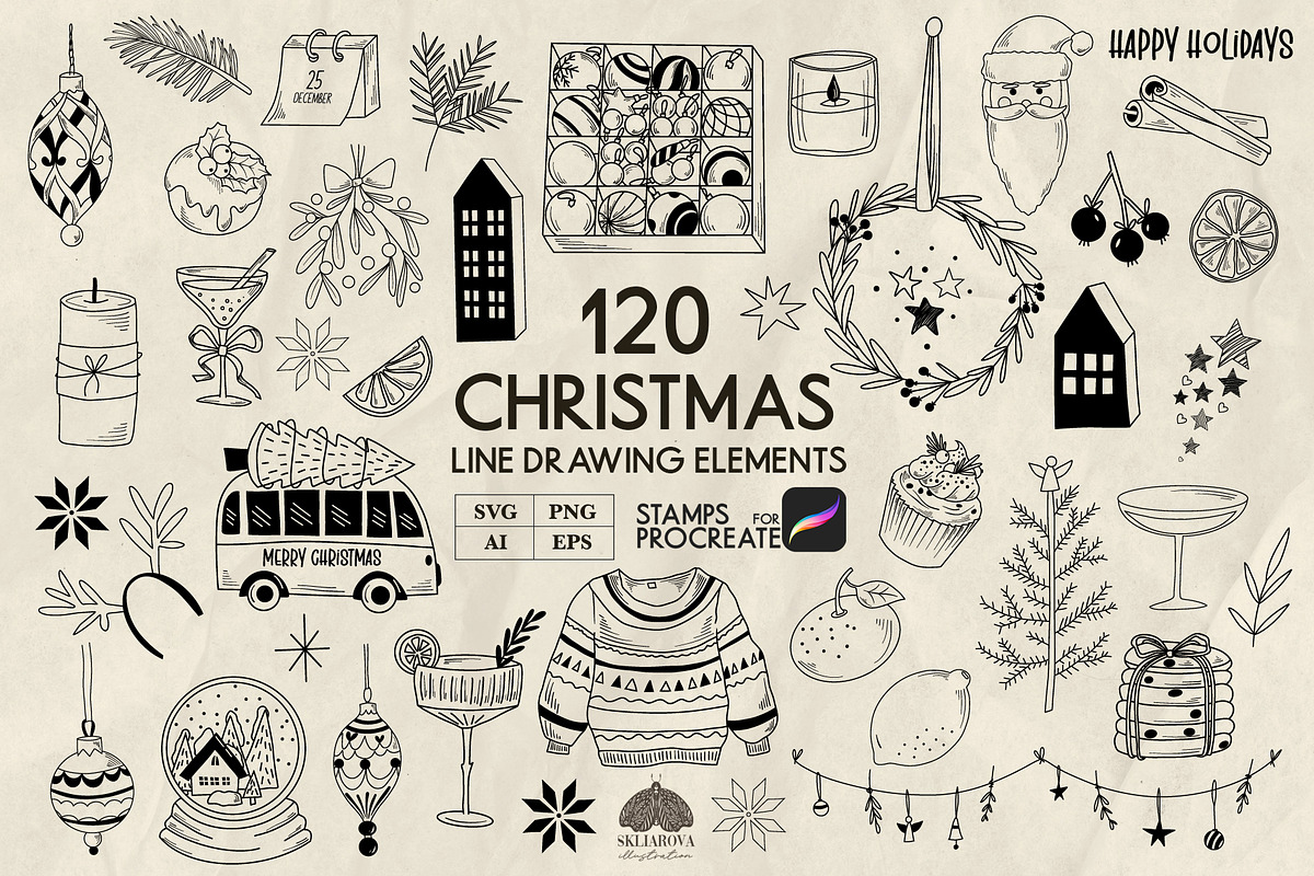 Christmas line drawing set + stamps, an Illustration by Skliarova (Photo 1 of 8)