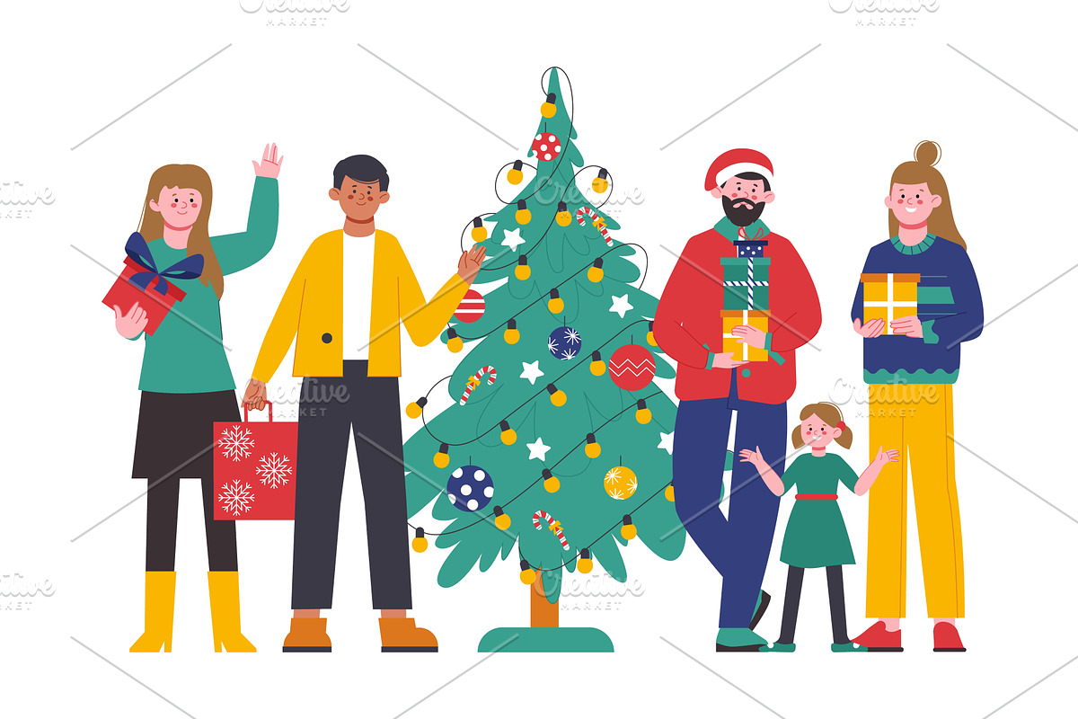 Happy family near Christmas tree, an Object Illustration by LadadikArt