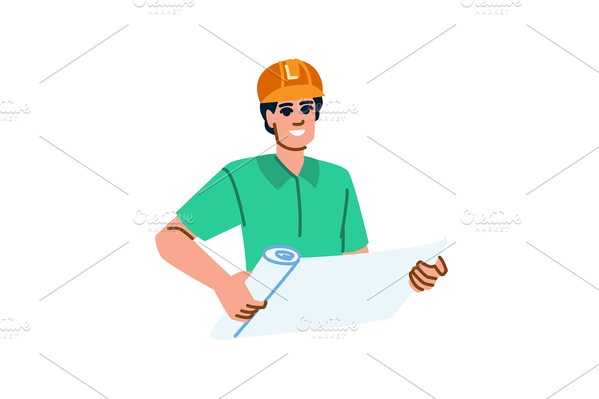 Smiling architect holding blueprint, an Object Illustration by pikepicture
