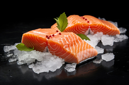 Fresh salmon fillet with ice on black background, a Food & Drink Photo by AlyaAnd