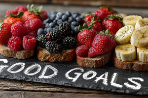 Healthy goals: fresh fruit toast with strawberries, bananas and mixed berries o, a Photo by AS photostudio