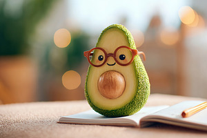 Cheerful avocado character with glasses sitting on an open notebook in a cozy s, a Photo by AlyaAnd