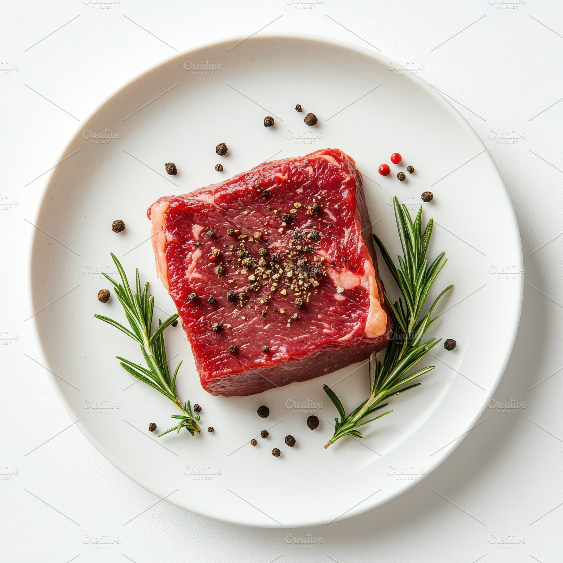 Raw beef steak with rosemary and all, a Food & Drink Photo by Pixeness Studio