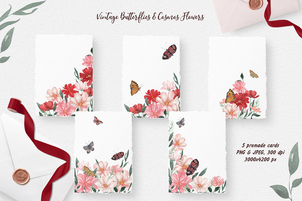 Vintage Butterflies & Cosmos Flowers, an Illustration by Catch the Dream Art (Photo 6 of 12)
