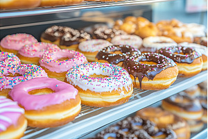 Assorted colorful donuts on display, a Food & Drink Photo by Lermont51