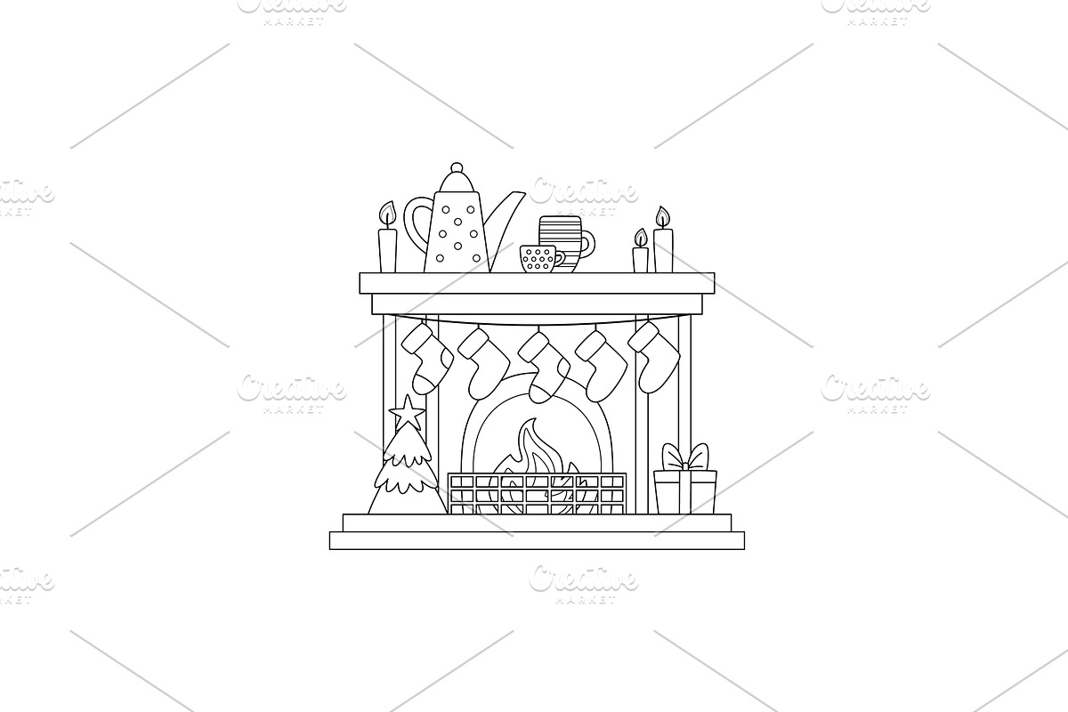 Christmas fireplace with stockings, an Illustration by Barsuk's Shop