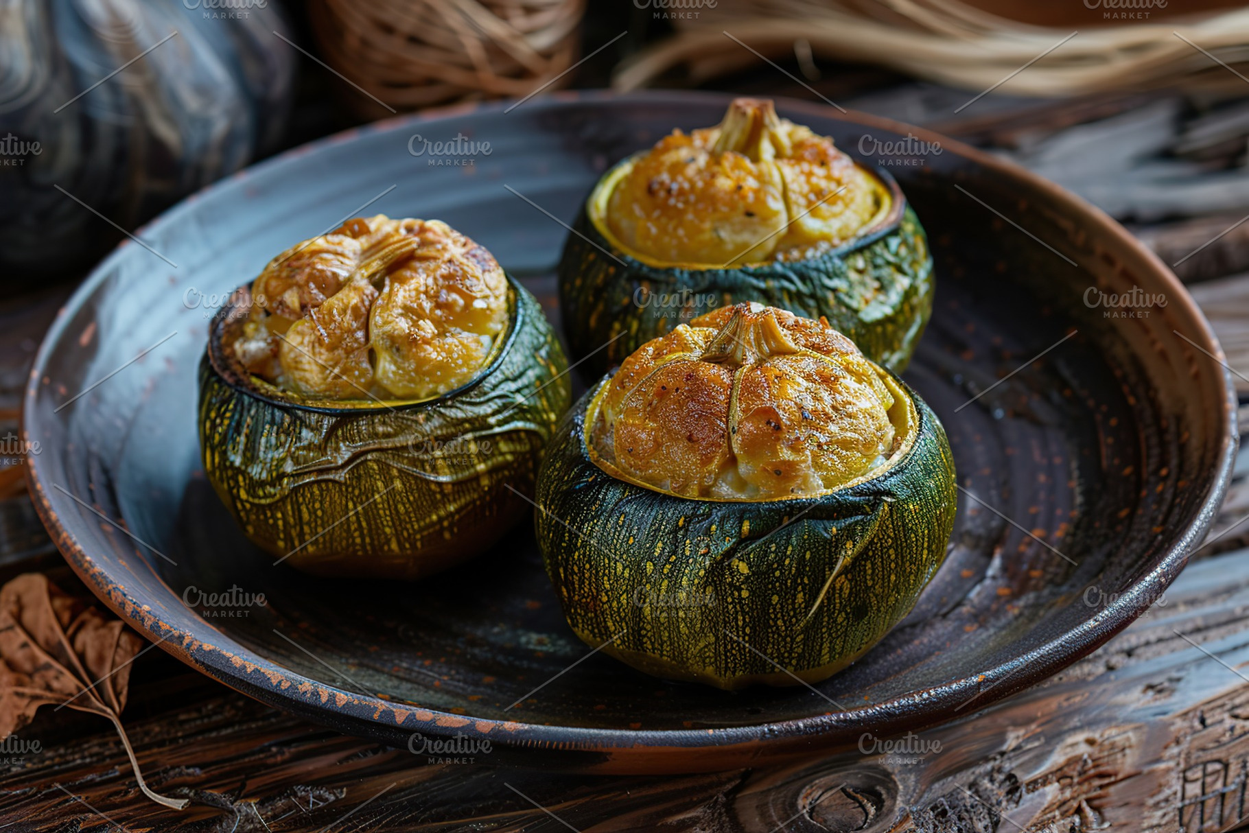 Zucchini stuffed with cheese and meat on wooden table, a Food & Drink Photo by AlyaAnd