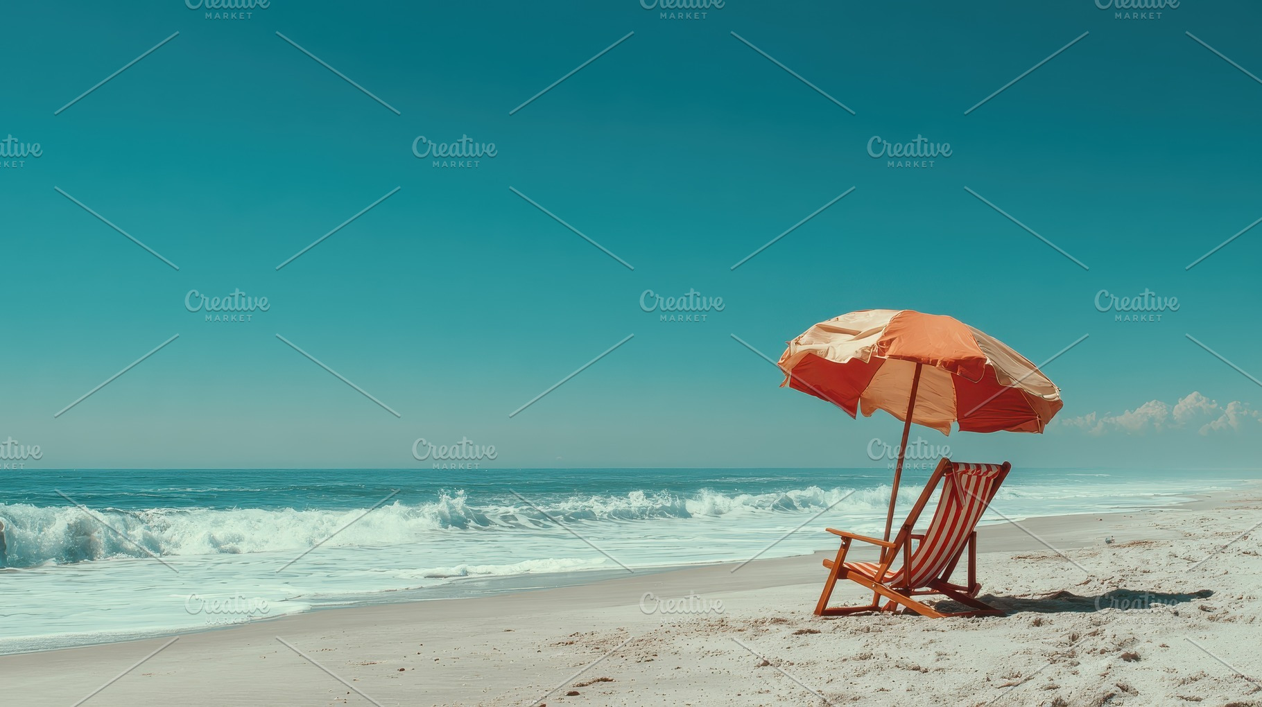 Beach chair and umbrella ocean waves, a Photo by Pixeness Studio
