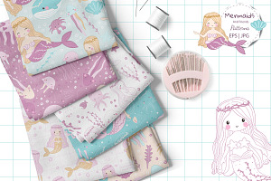 Cute Mermaids Seamless Patterns Set