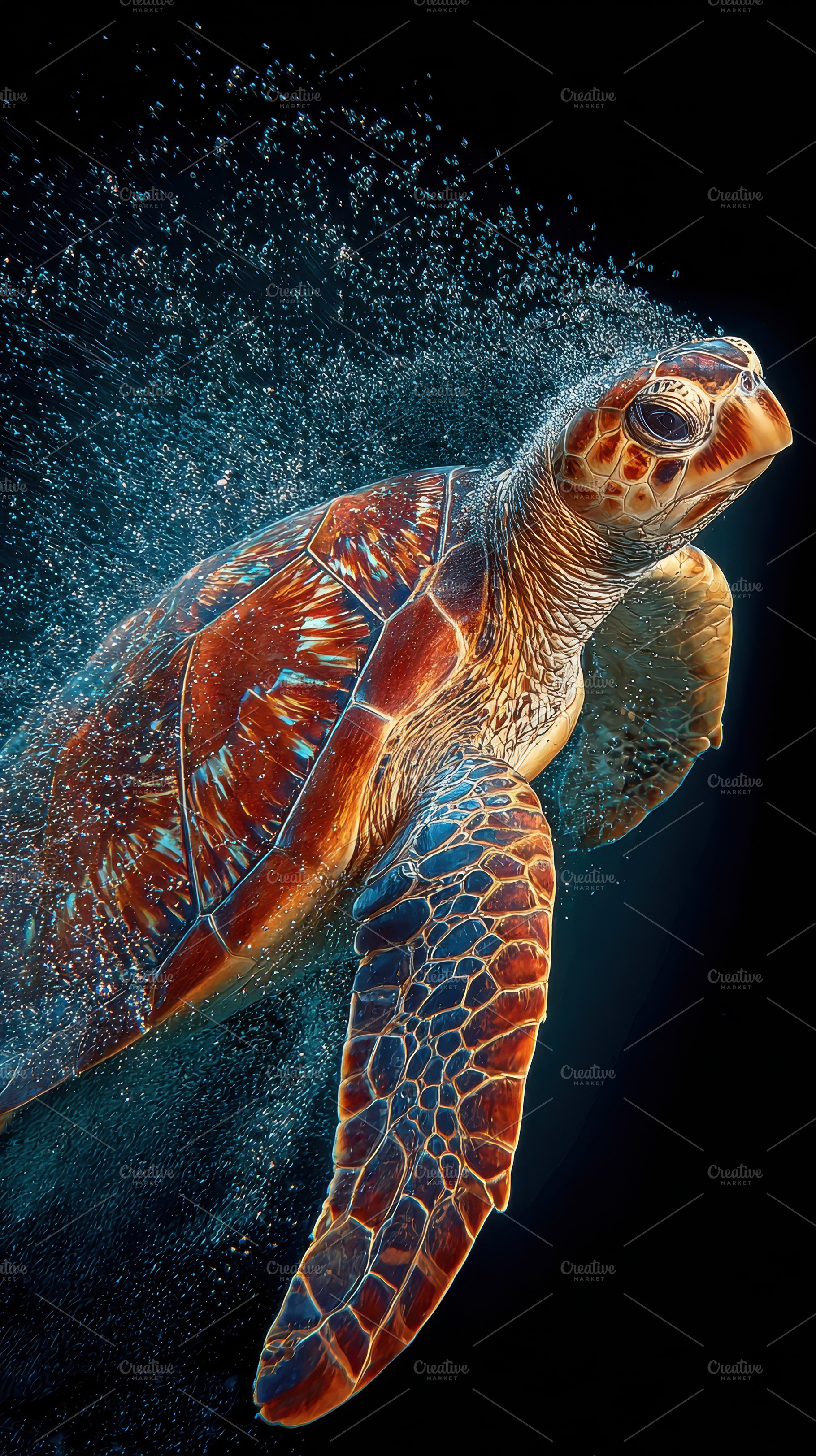 Majestic Sea Turtle Underwater Bubbl, a Photo by Pixeness Studio