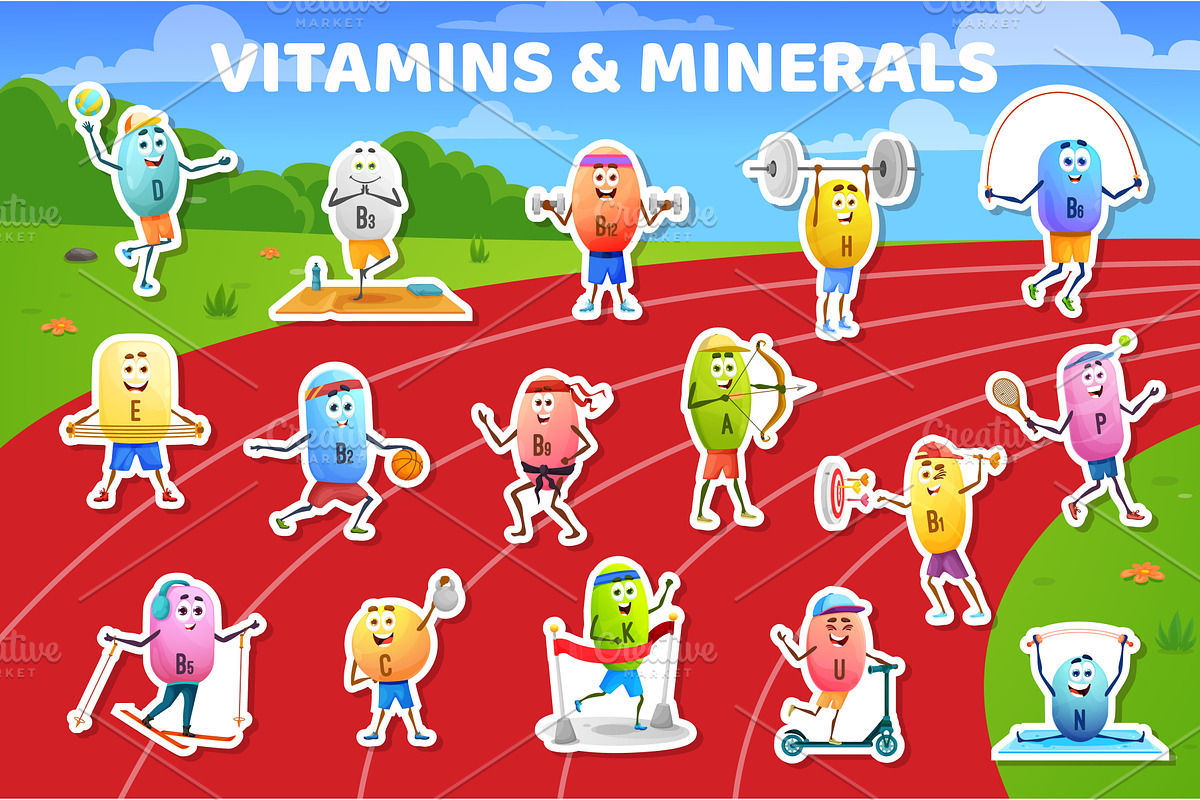 Cartoon vitamin and mineralы, a Food Illustration by Vector Tradition