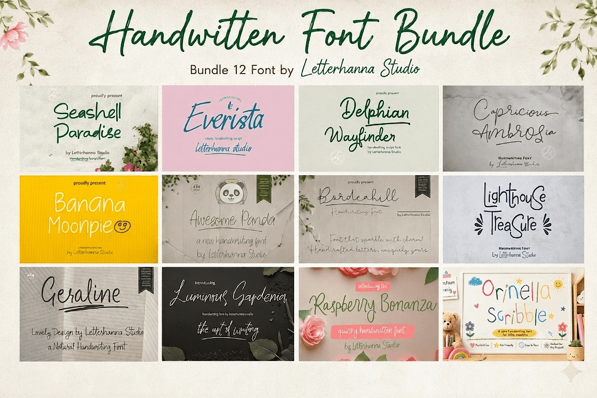 12 Fonts Handwritten Font Bundle, a Handwritten Font by Letterhanna Studio (Photo 1 of 6)