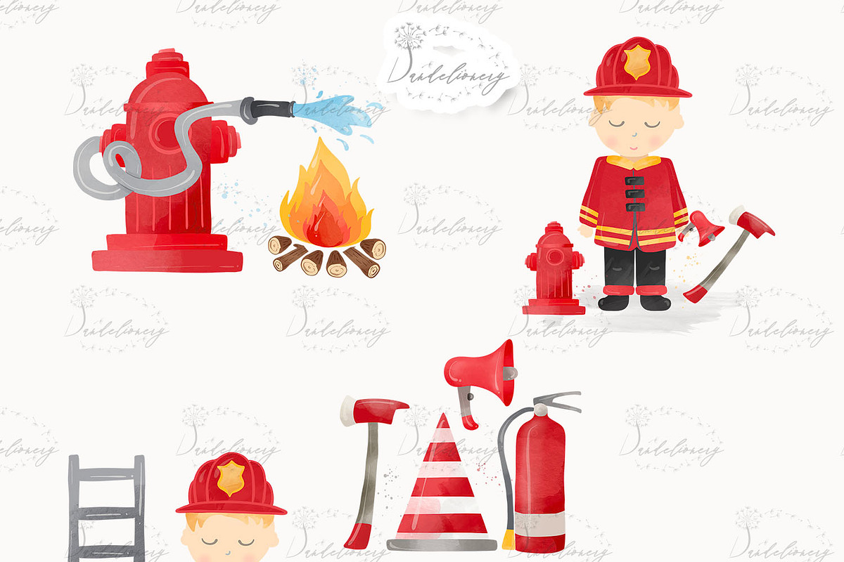 Watercolor Firefighters Clipart, an Object Illustration by designloverstudio (Photo 2 of 2)
