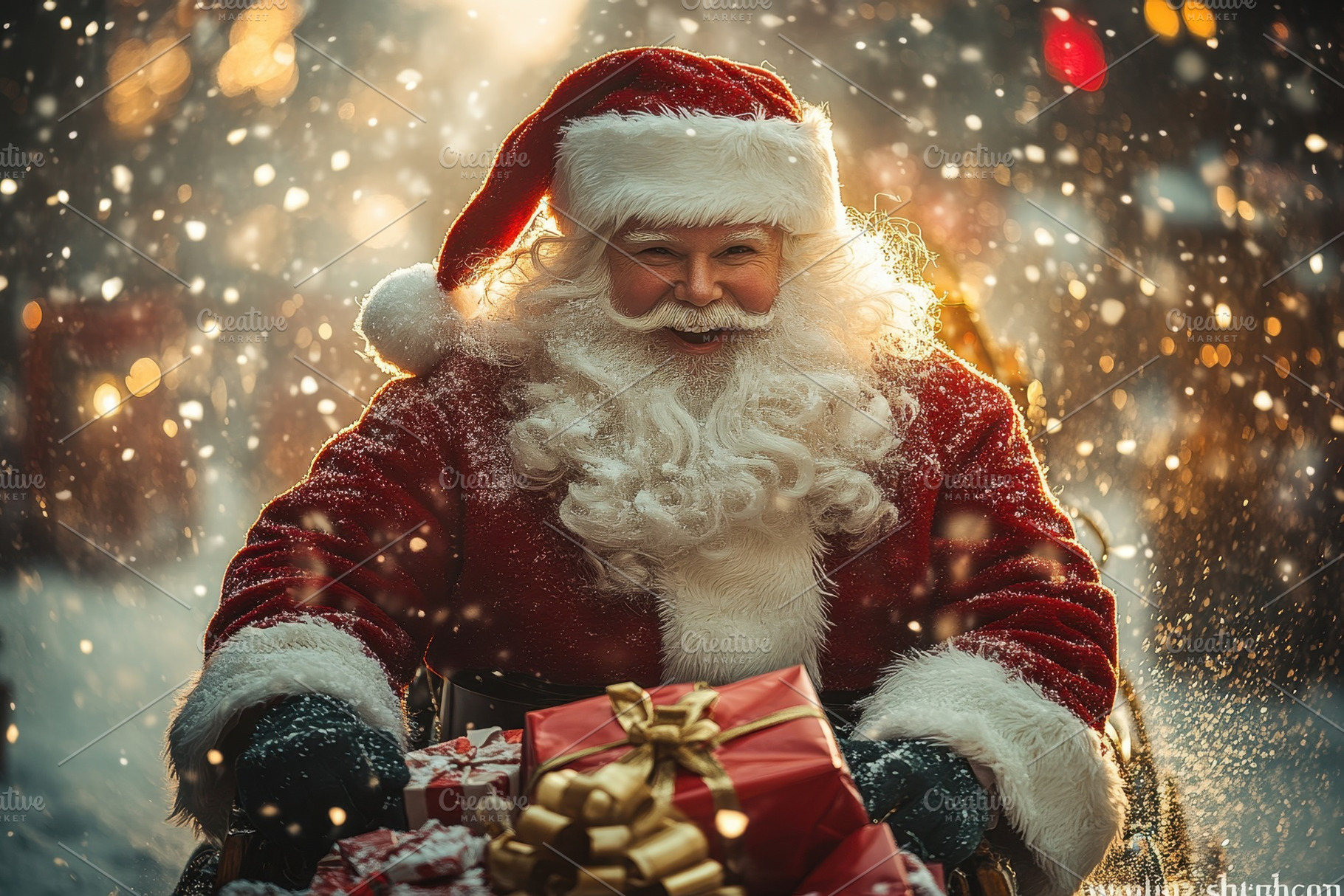 Festive Santa Claus delivering prese, a Photo by Tanuart