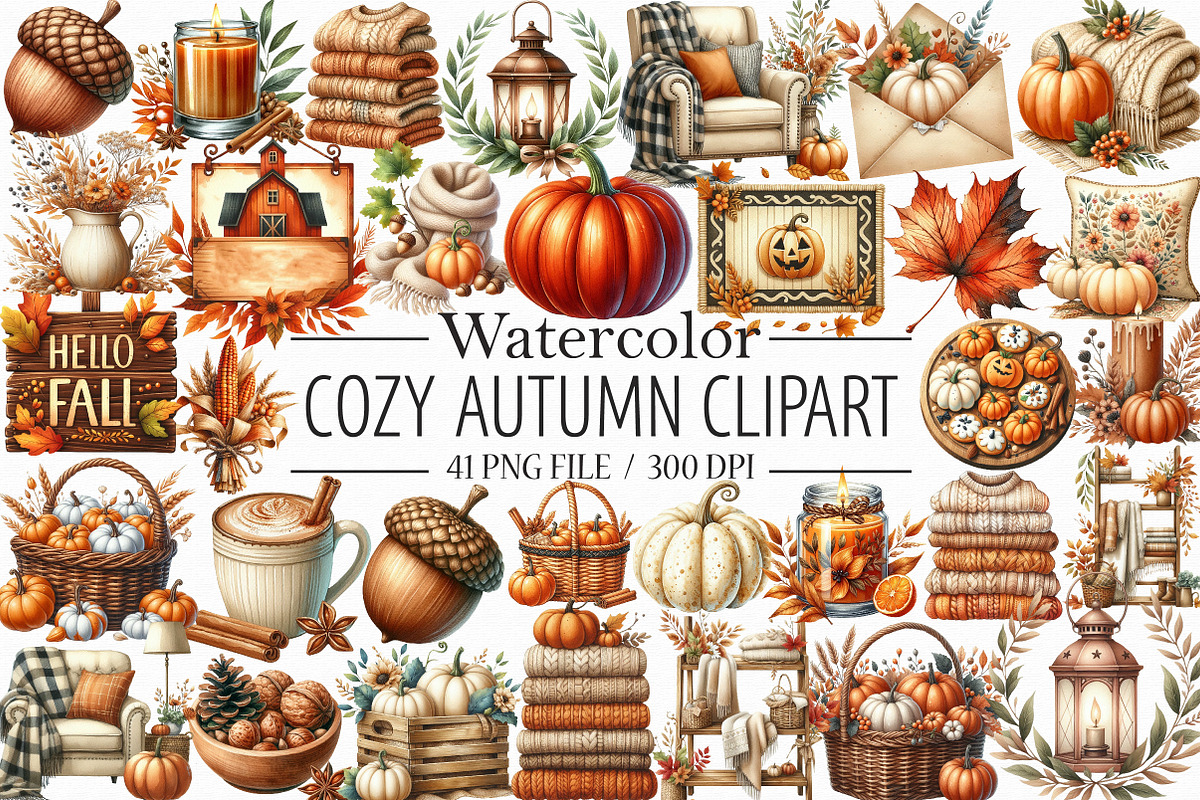 Watercolor Cozy Autumn Clipart, an Illustration by Libby Wishes (Photo 1 of 9)
