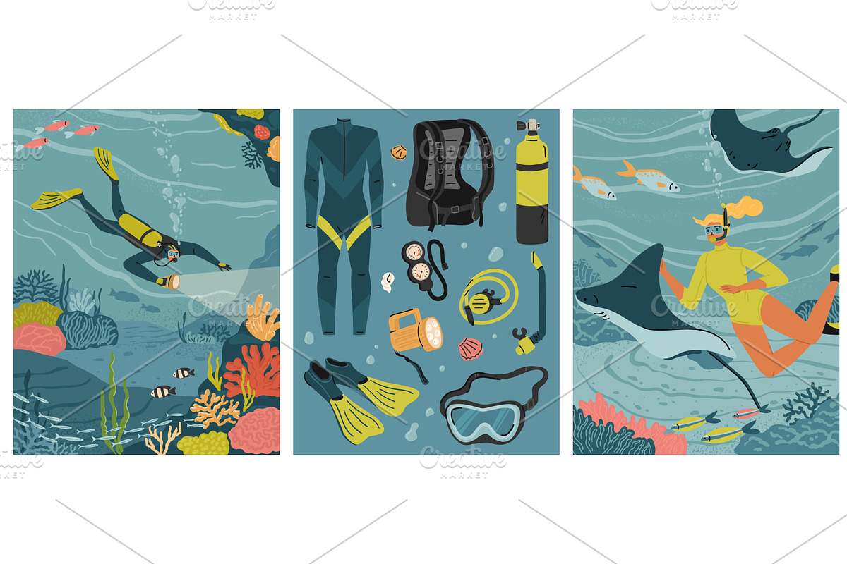 Diving with scuba gear and, an Illustration by vectorpointstudio