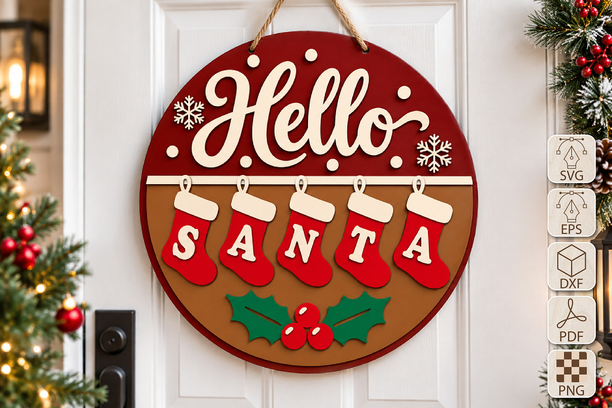 Christmas Hello Santa Stocking SVG, a Seasonal Illustration by Canvas Craft (Photo 1 of 4)