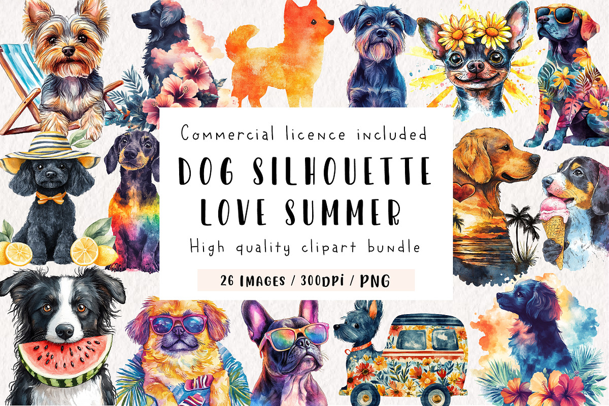 Dog Silhouette Love Summer Clipart, an Illustration by CreationArt (Photo 1 of 9)