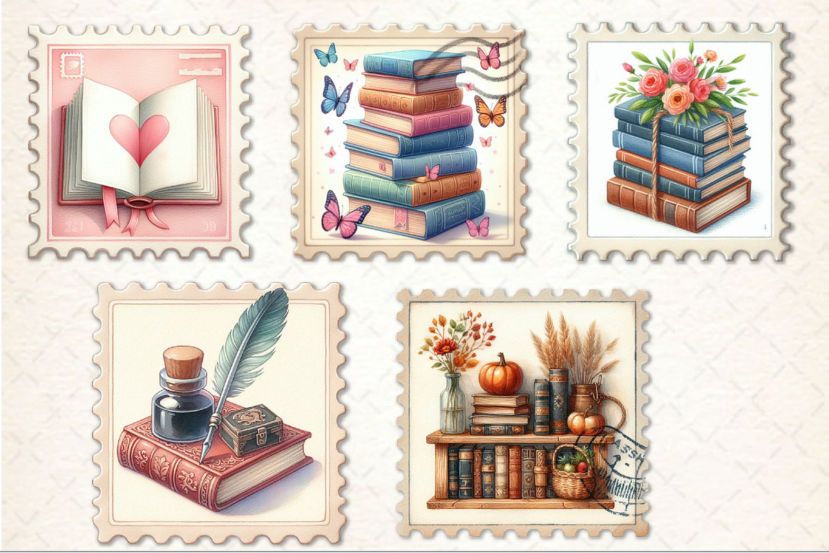 Reading Books Postage Stamp Clipart, an Illustration by Rose Art (Photo 3 of 4)