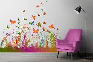 Colorful Fern And Butterflies.