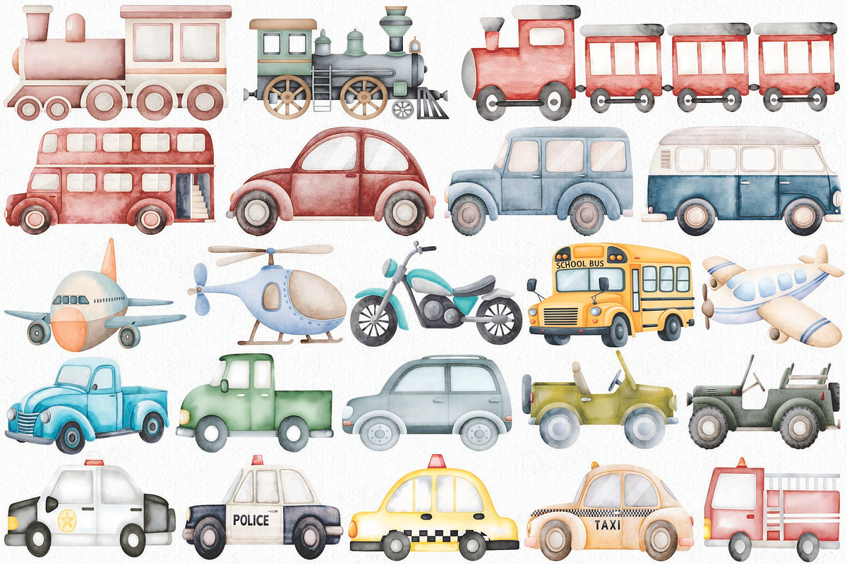 Watercolor Transportation Clipart, a Transportation Illustration by CropUp Creative (Photo 2 of 5)