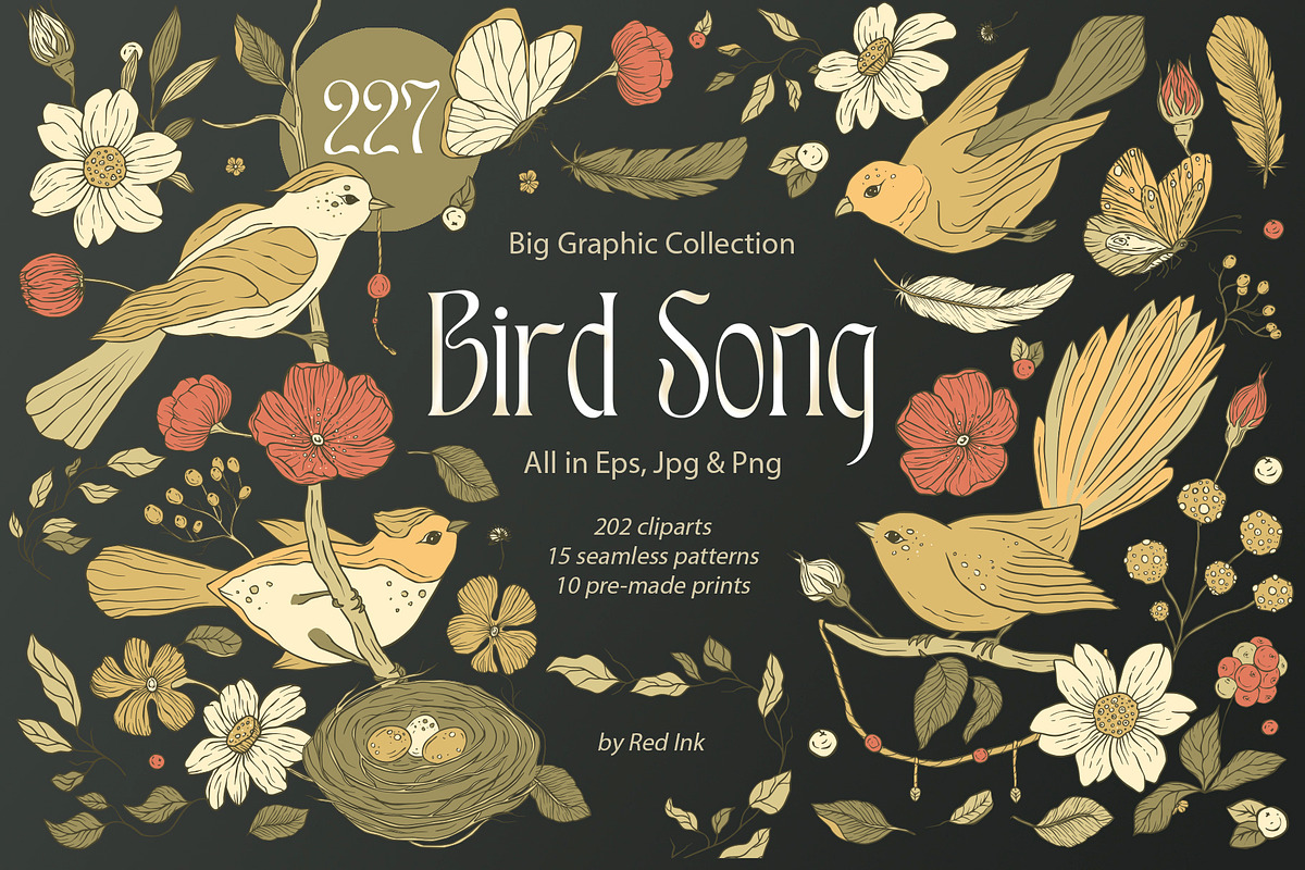 Birds and Flowers Floral Bundle., a Decorative Illustration by Red Ink (Photo 1 of 10)