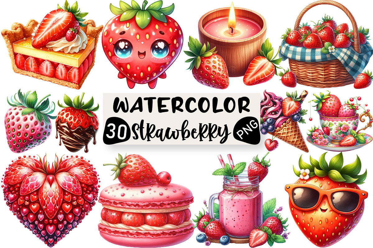 Watercolor Strawberry Clipart PNG, an Illustration by Black Bird Studio (Photo 1 of 6)