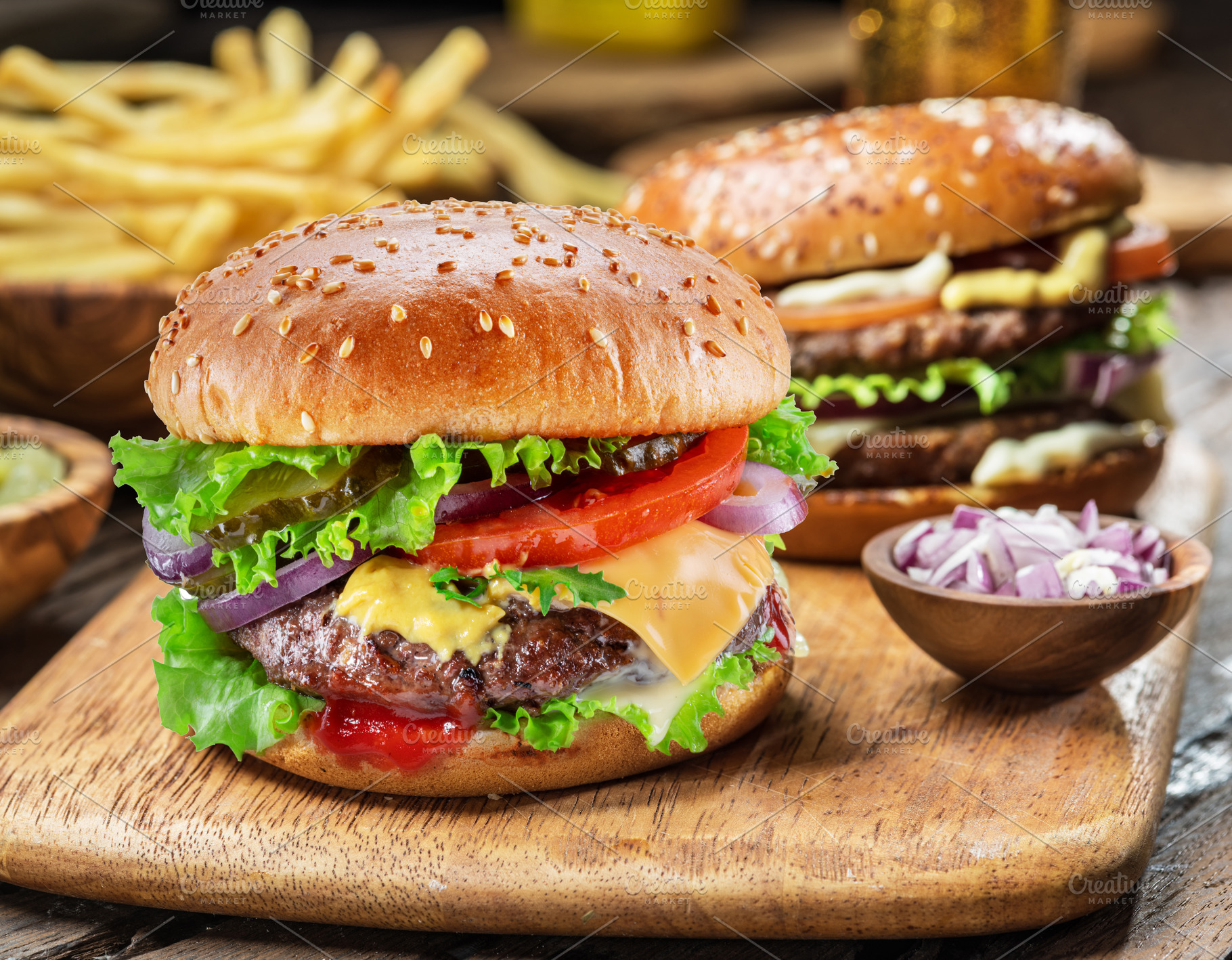 Hamburgers on a wooden board, a Food & Drink Photo by Volff