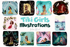 Tiki girls gouache illustrations