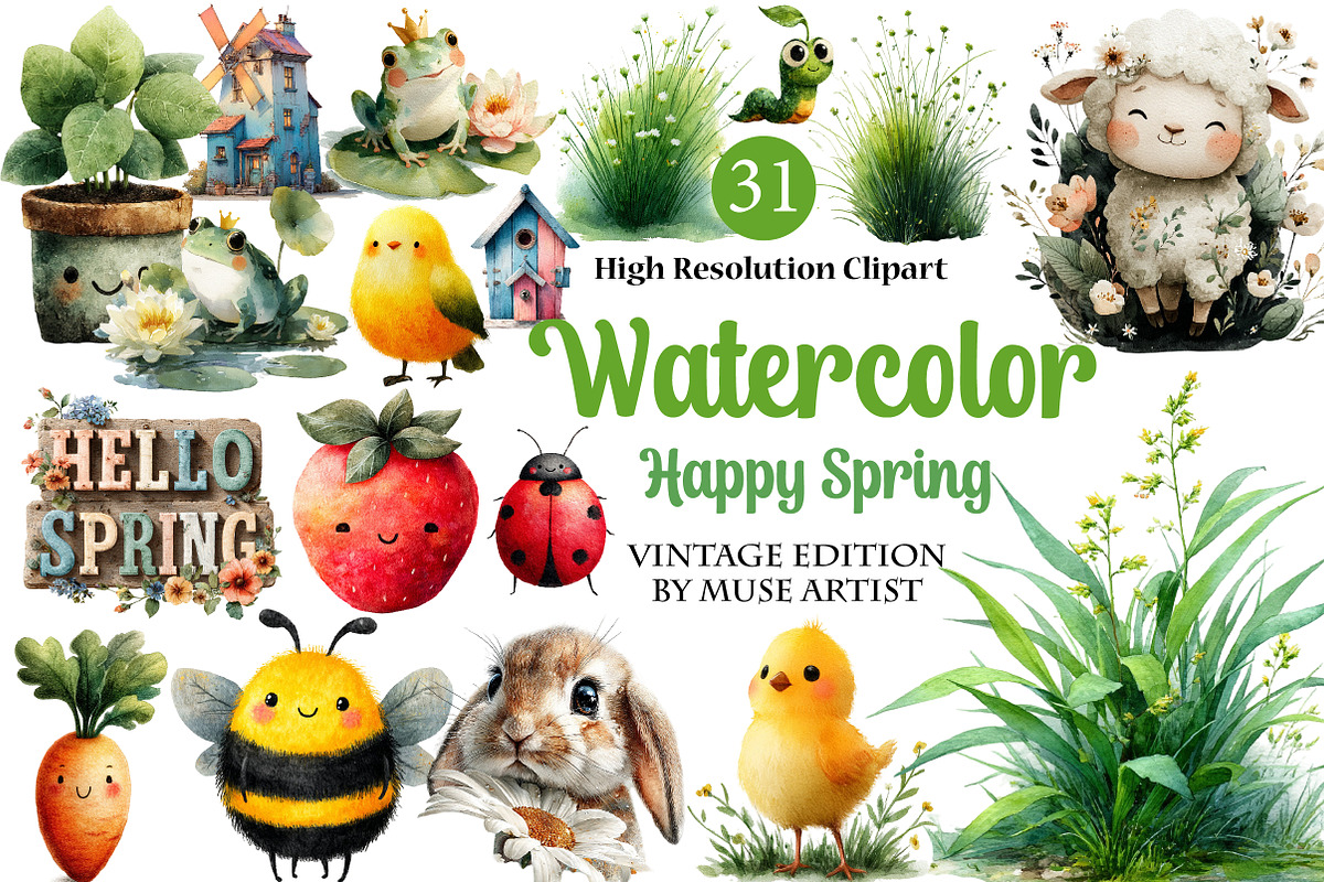 Watercolor Happy Spring Clipart, an Illustration by DreamArtGraphic (Photo 1 of 4)