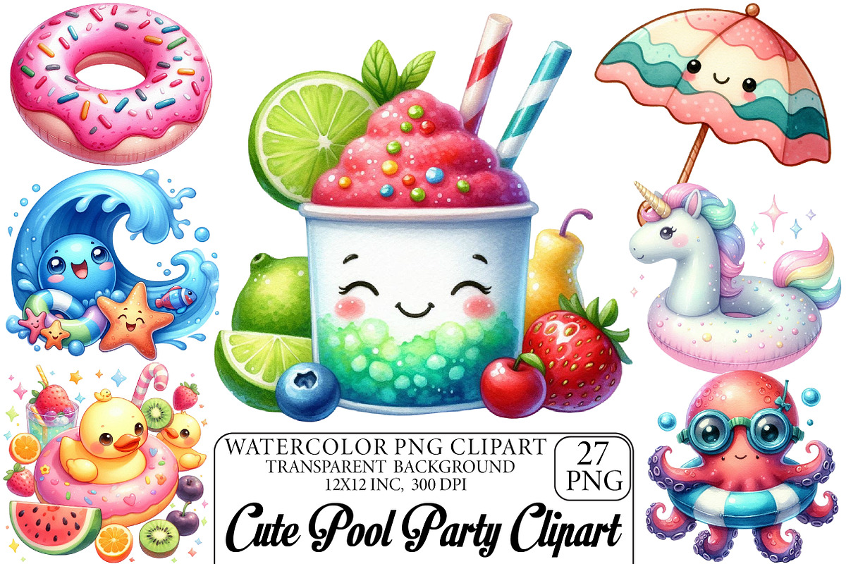 Cute Pool Party Watercolor Clipart, an Illustration by DreamPrint404 (Photo 1 of 6)