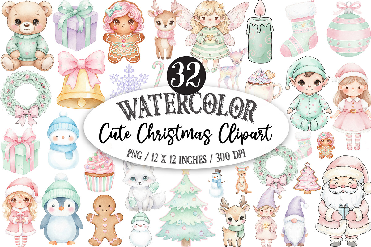 Cute Christmas Clipart, an Illustration by Designking (Photo 1 of 5)