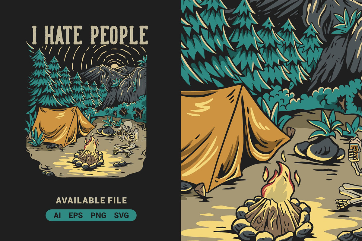 Skeleton Camping Vector Illustration, an Illustration by ImoogiStudio