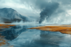 A serene landscape featuring a calm body of water reflecting the sky and mounta, a Nature Photo by Textures & Backgrounds