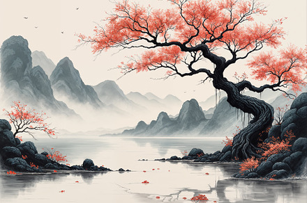 Sumi-e Lake Illustration, a Nature Photo by h.utomo