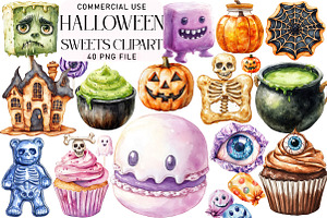Watercolor Halloween Sweets Clipart, an Illustration by Daily.Designs