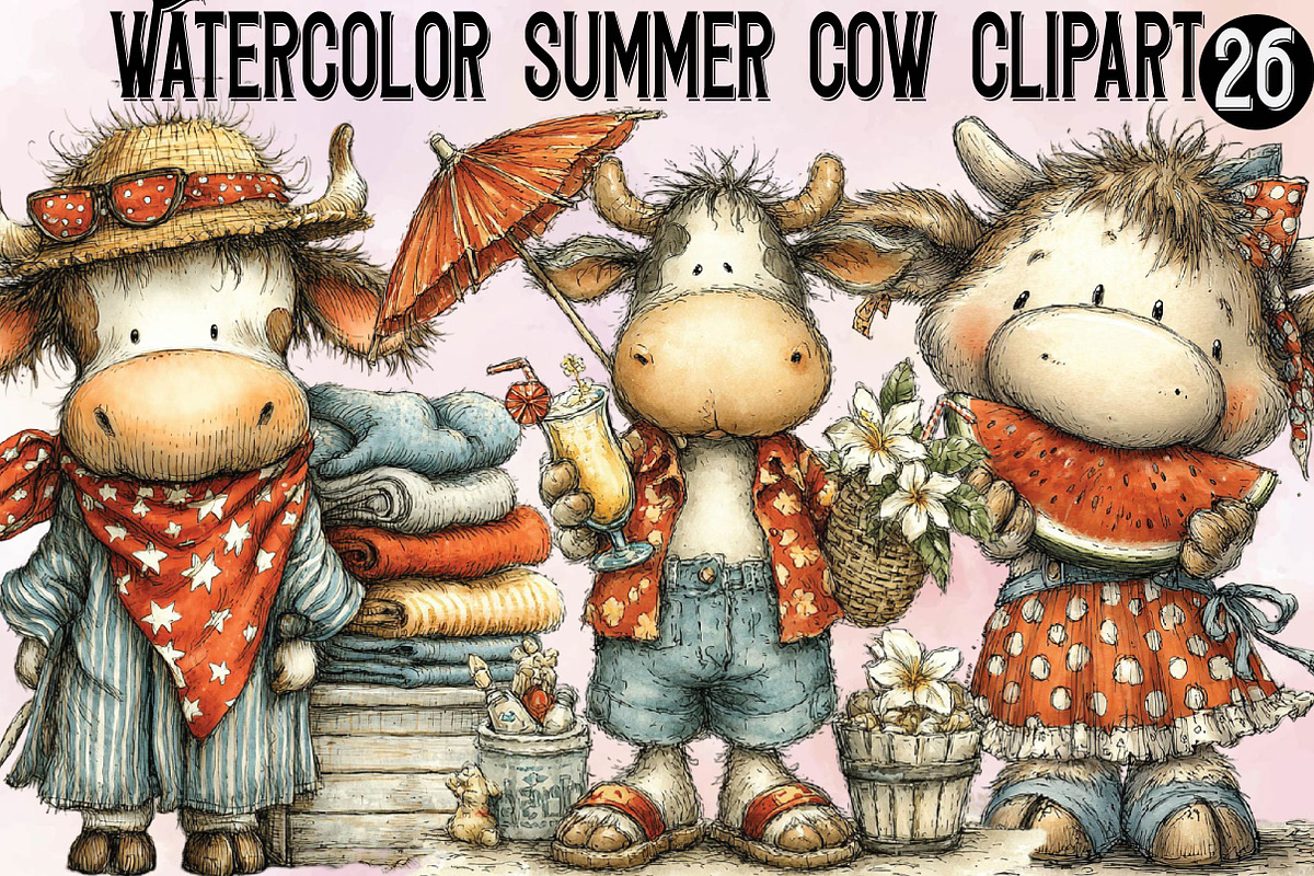 Watercolor Summer Cow Clipart,, an Illustration by SVGArt (Photo 1 of 9)