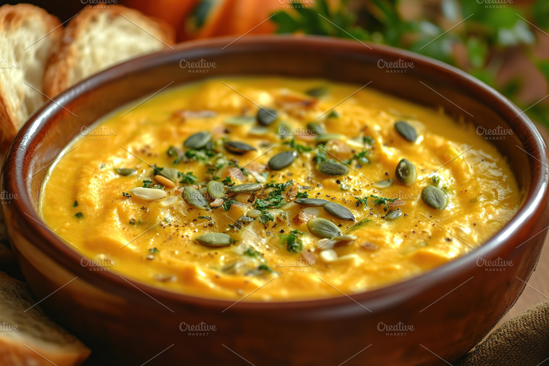 Pumpkin soup with cream and seeds, a Food & Drink Photo by AlyaAnd